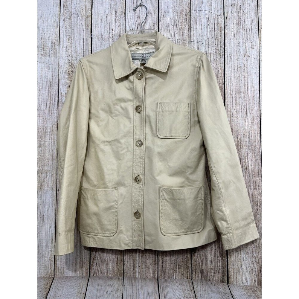 Vintage 90s Y2K Gap Leather Jacket Women Sz Small Cream Beige Button Front - Picture 2 of 9